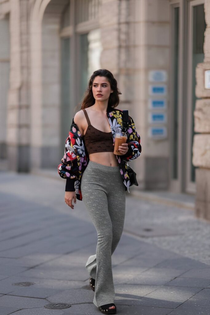 Floral Bomber Jacket + Brown Crop Top + Heather Grey Flared Leggings + Black Platform Sandals