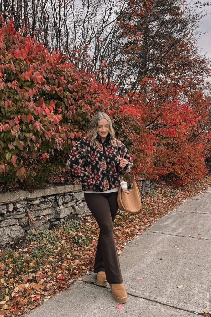 Floral Fleece Jacket + Brown Flared Leggings + Tan Platform Boots