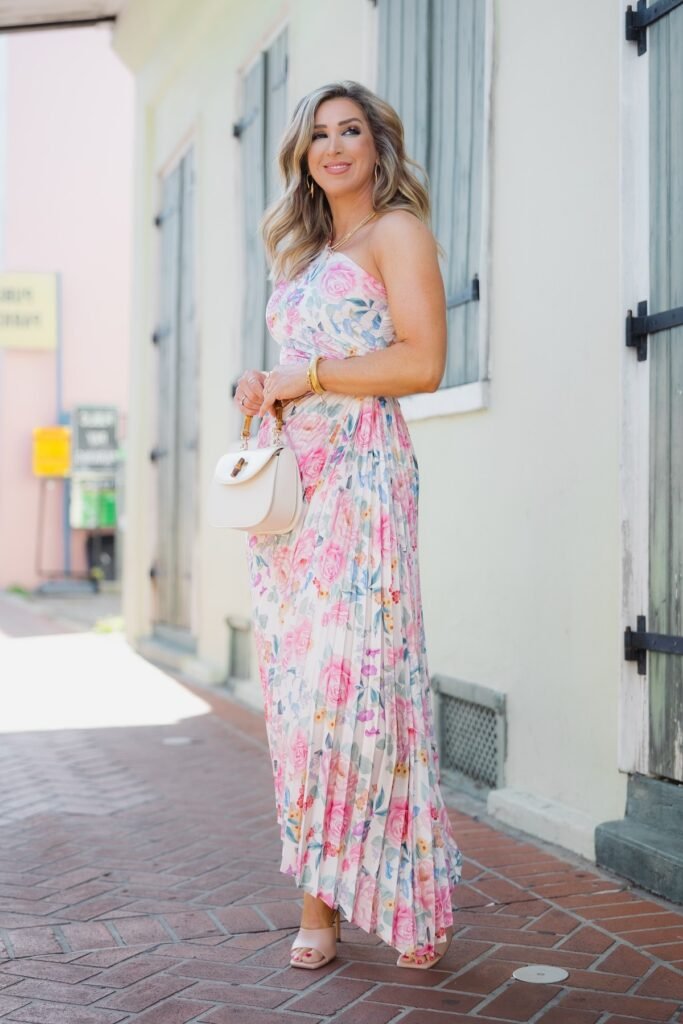Floral One-Shoulder Pleated Maxi Dress + Cream Top-Handle Bag + Nude Square-Toe Heels