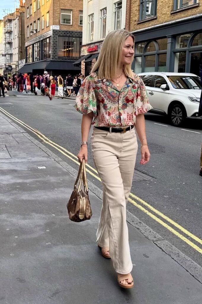 Floral Paisley Blouse + Beige Straight-Leg Trousers + Tan Platform Sandals