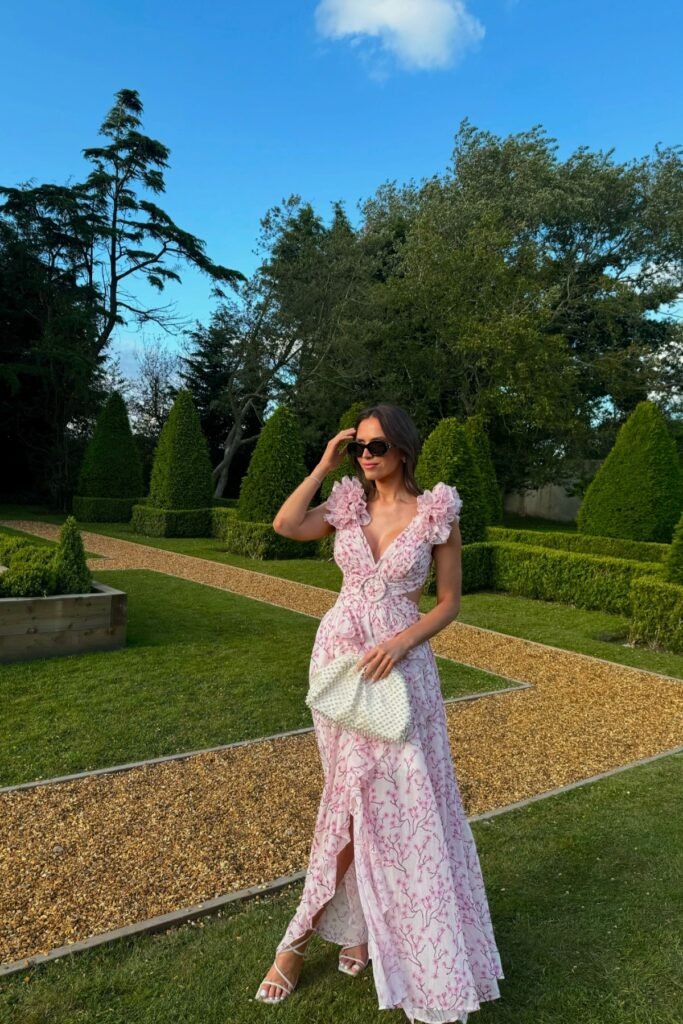 Floral Pink V-Neck Maxi Dress with Ruffle Shoulders + White Strappy Sandals + White Beaded Clutch