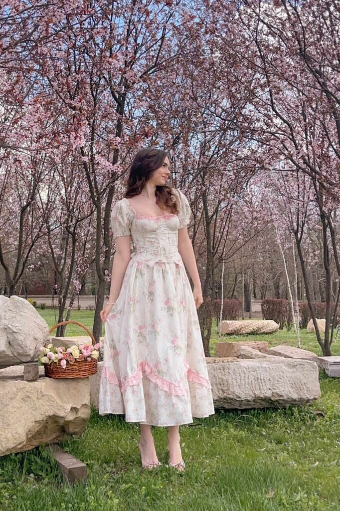 Floral Print Puff-Sleeve Corset Maxi Dress + Pink Lace Ruffle Trim + Pink Pointed-Toe Flats