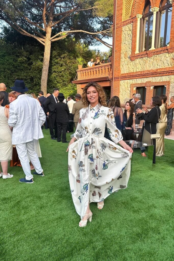 Floral Print Satin Maxi Shirt Dress + White Peep-Toe Platform Heels