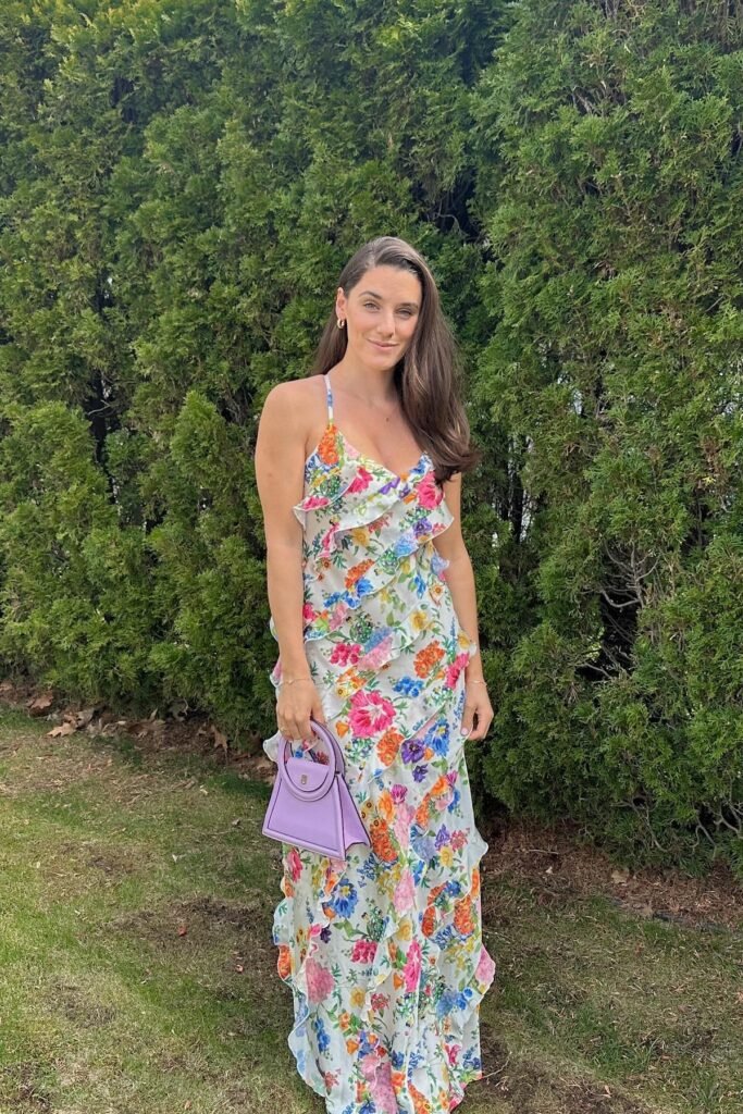 Floral Ruffled Maxi Dress + Lilac Handbag + Gold Hoop Earrings