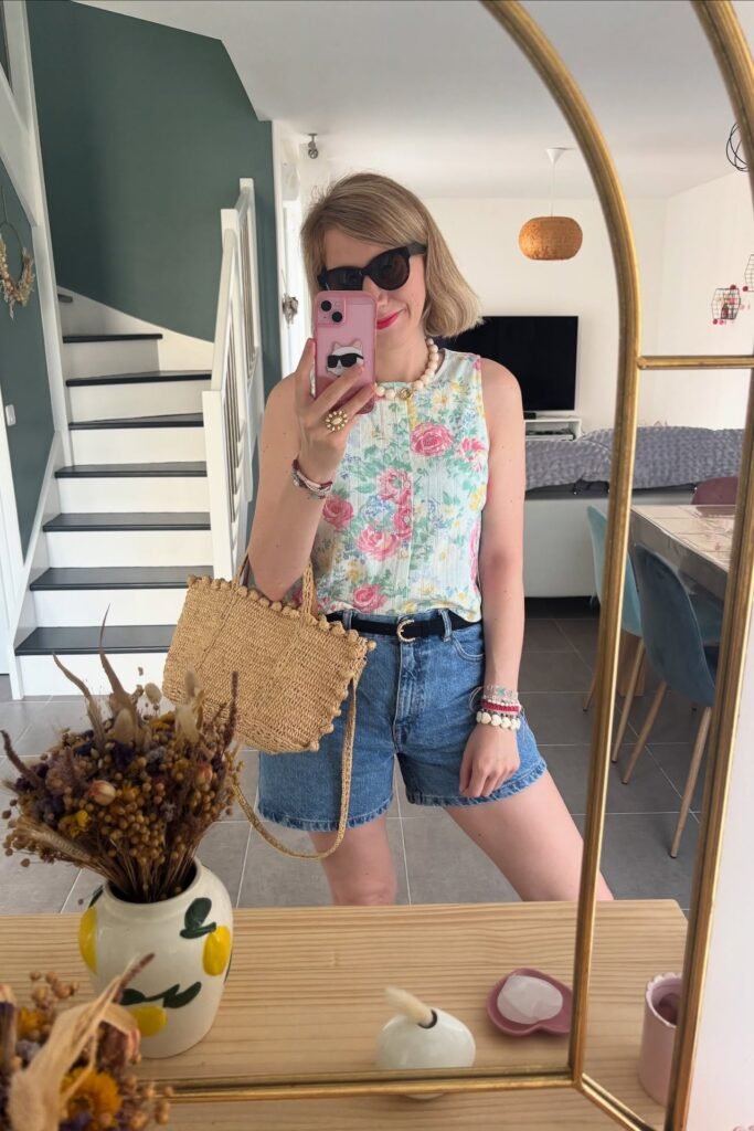 Floral Sleeveless Blouse + Black Belt + Denim Shorts + Straw Tote Bag