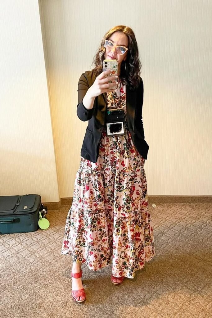 Floral Tiered Maxi Dress + Black Tailored Blazer + Red Strappy Sandals
