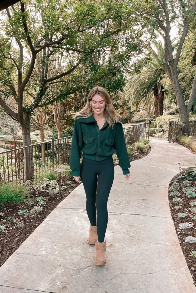 Forest Green Cropped Fleece Jacket + Black Leggings + Chestnut Mini Boots