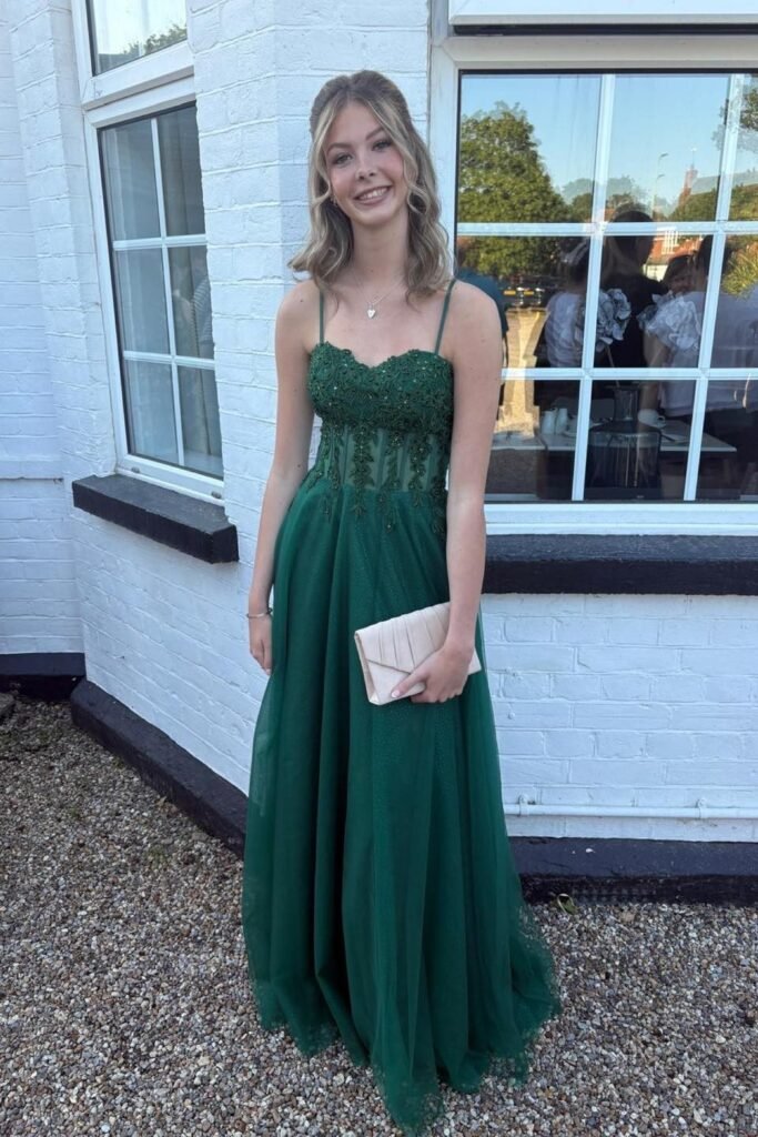 Forest Green Tulle Corset Gown + Cream Pleated Clutch