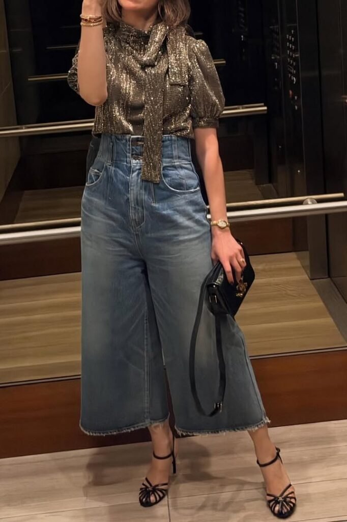 Gold Sequin Puff-Sleeve Blouse + High-Waisted Wide-Leg Jeans + Black Strappy Heeled Sandals