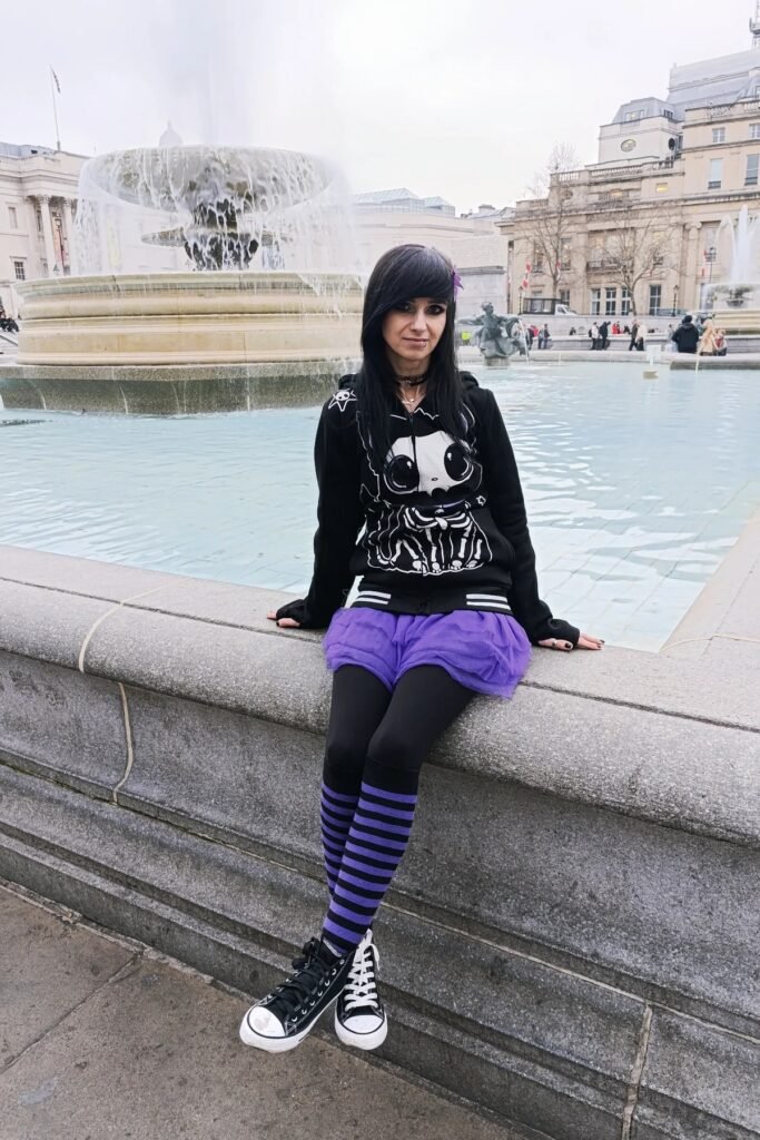 Graphic Character Hoodie + Purple Tutu Skirt + Striped Leg Warmers