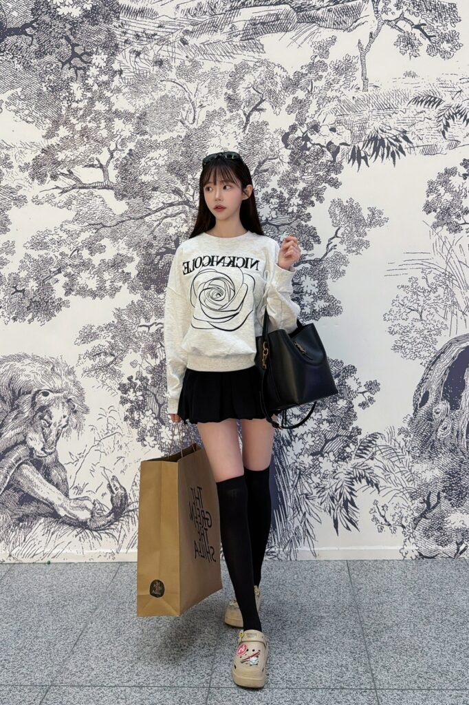 Graphic Grey Sweatshirt + Black Pleated Mini Skirt + Black Over-the-Knee Socks + Beige Platform Clogs