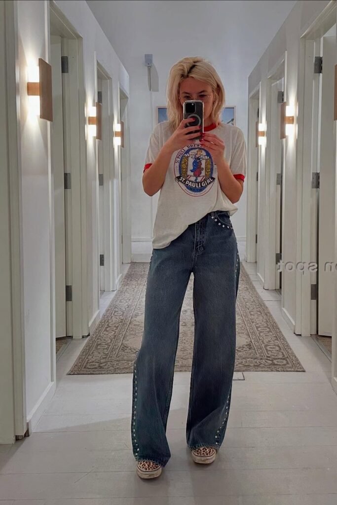 Graphic Ringer T-Shirt + Studded Wide-Leg Jeans + Leopard Print Sneakers