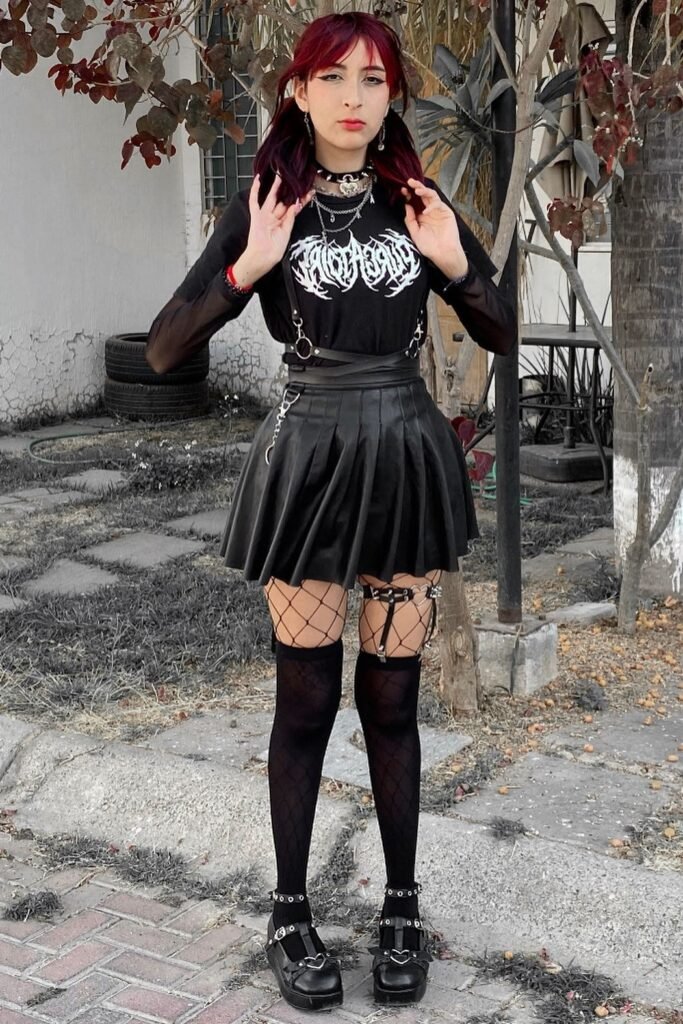Graphic T-shirt + Mesh Long Sleeve Underlay + Pleated Leather Mini Skirt + Over-the-knee Socks + Platform Mary Janes