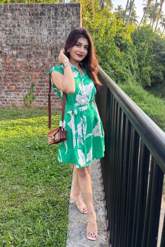 Green Floral Button-Down Shirt Dress + Brown Leather Crossbody Bag + Clear Double-Strap Heeled Sandals