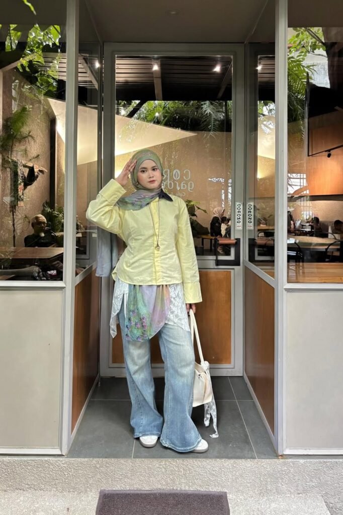 Green Patterned Hijab + Pale Yellow Shirt + Wide-Leg Light Wash Jeans + White Sneakers