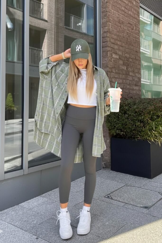 Green Plaid Oversized Shirt + White Crop Top + Olive Grey Leggings + White Sneakers
