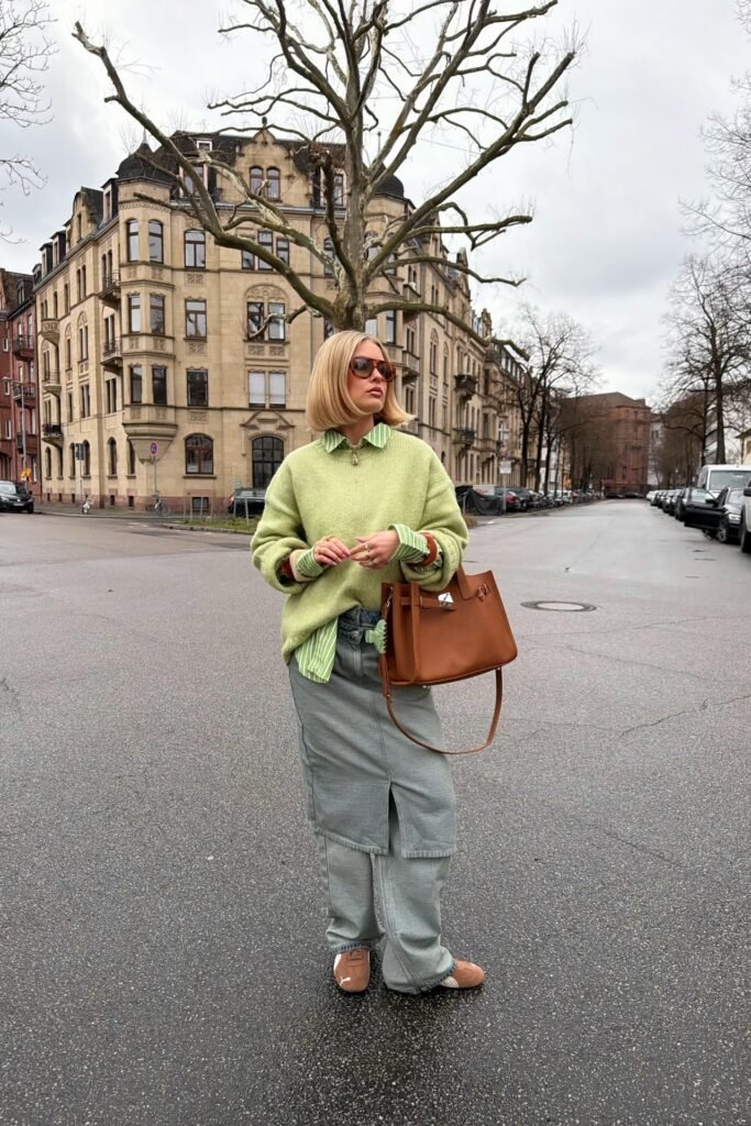 Green Textured Sweater + Green Striped Button-Down Shirt + Layered Denim Skirt over Jeans + Tan Sneakers