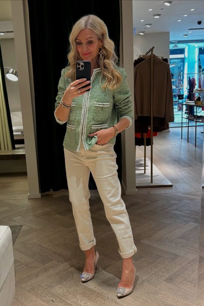 Green Tweed Jacket + Off-White Tapered Jeans + Nude Embellished Pumps