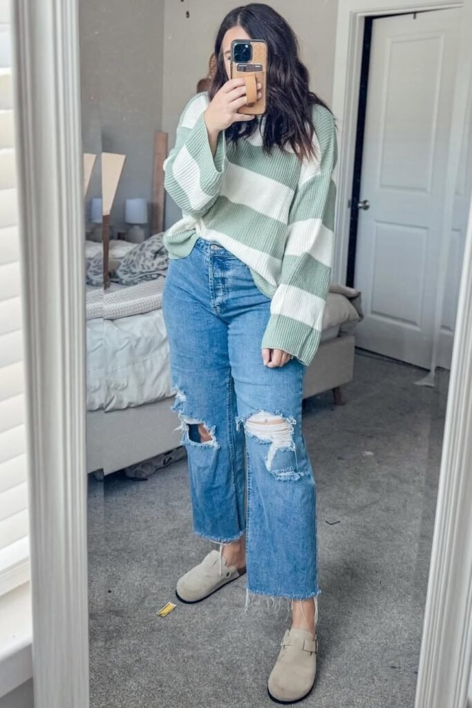 Green and White Striped Sweater + Ripped Wide-Leg Jeans + Beige Suede Clogs