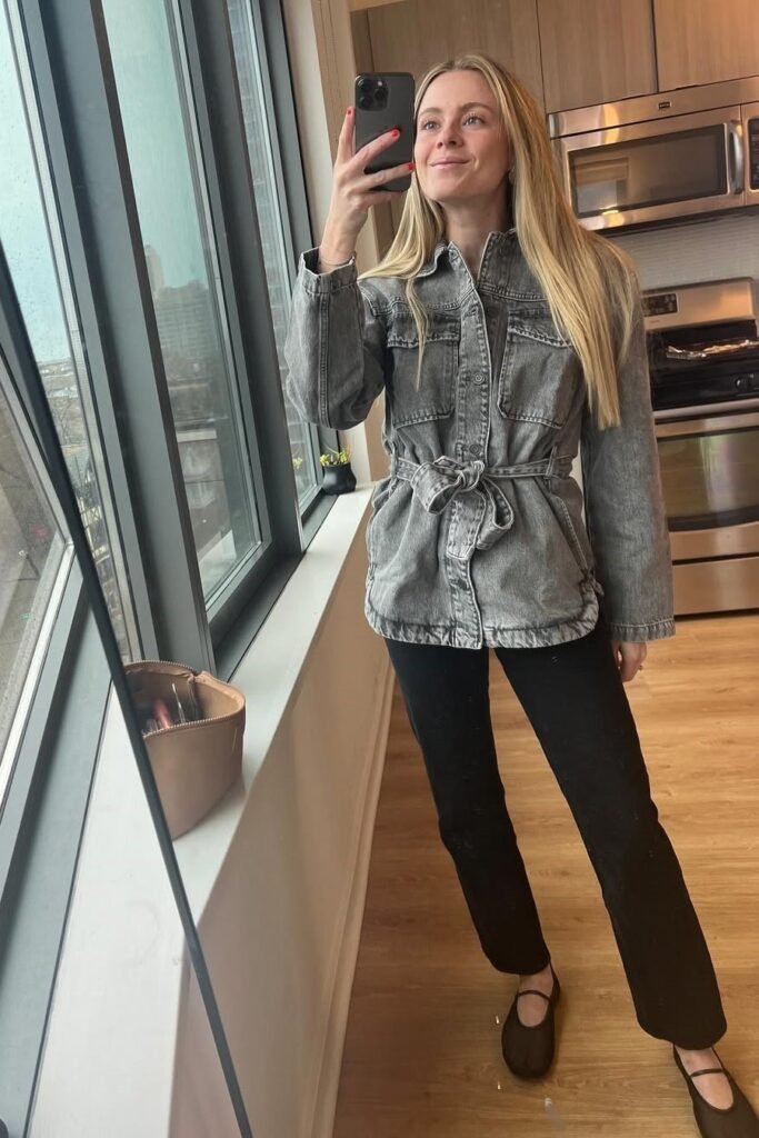 Grey Belted Denim Jacket + Black Slim Pants + Black Mary Jane Flats