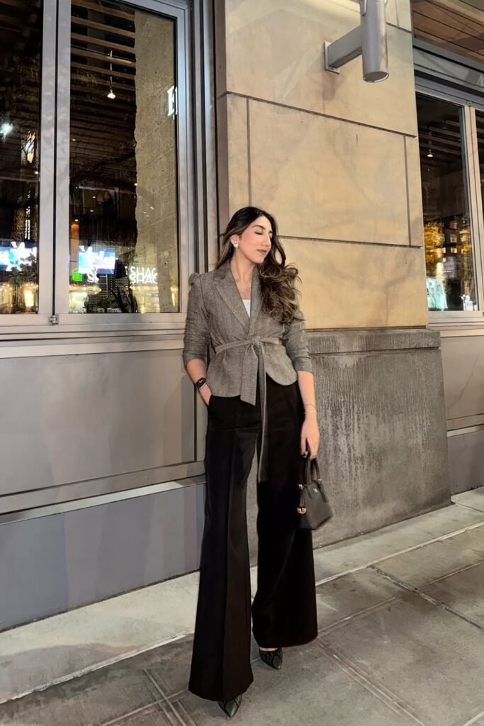 Grey Belted Wool Blazer + Black Extra Wide-Leg Trousers + Dark Snakeskin Pointed-Toe Heels