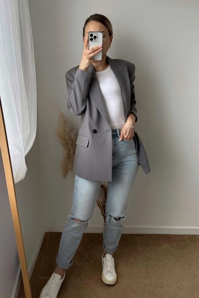 Grey Blazer + White T-shirt + Light Wash Ripped Jeans + White Sneakers