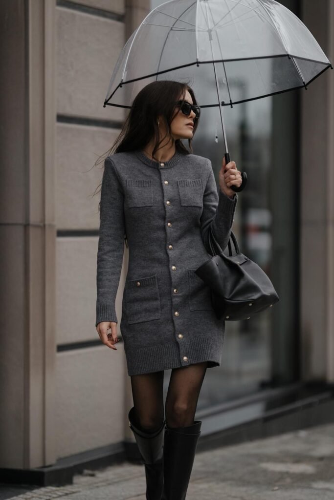 Grey Button-Down Knit Mini Dress + Sheer Black Tights + Tall Black Leather Boots