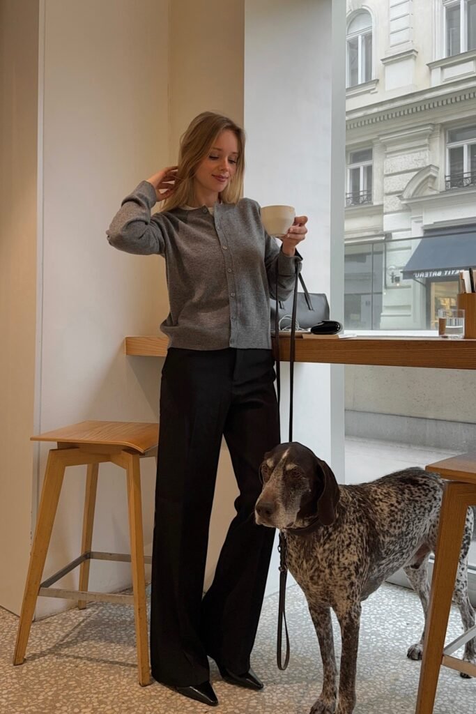 Grey Button-Up Cardigan + Black Tailored Wide-Leg Trousers + Black Pointed Heels