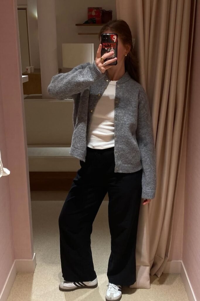 Grey Button-Up Cardigan + White T-Shirt + Black Wide-Leg Trousers + White Adidas Sneakers