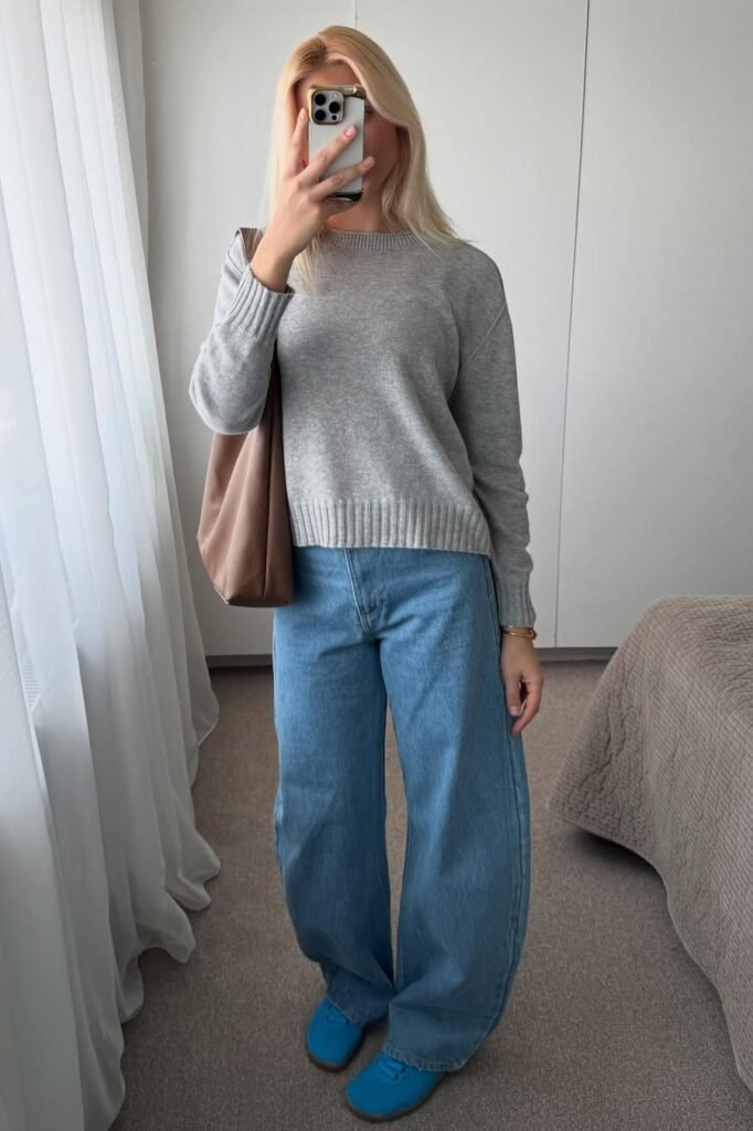 Grey Crewneck Sweater + Baggy Blue Jeans + Bright Blue Sneakers
