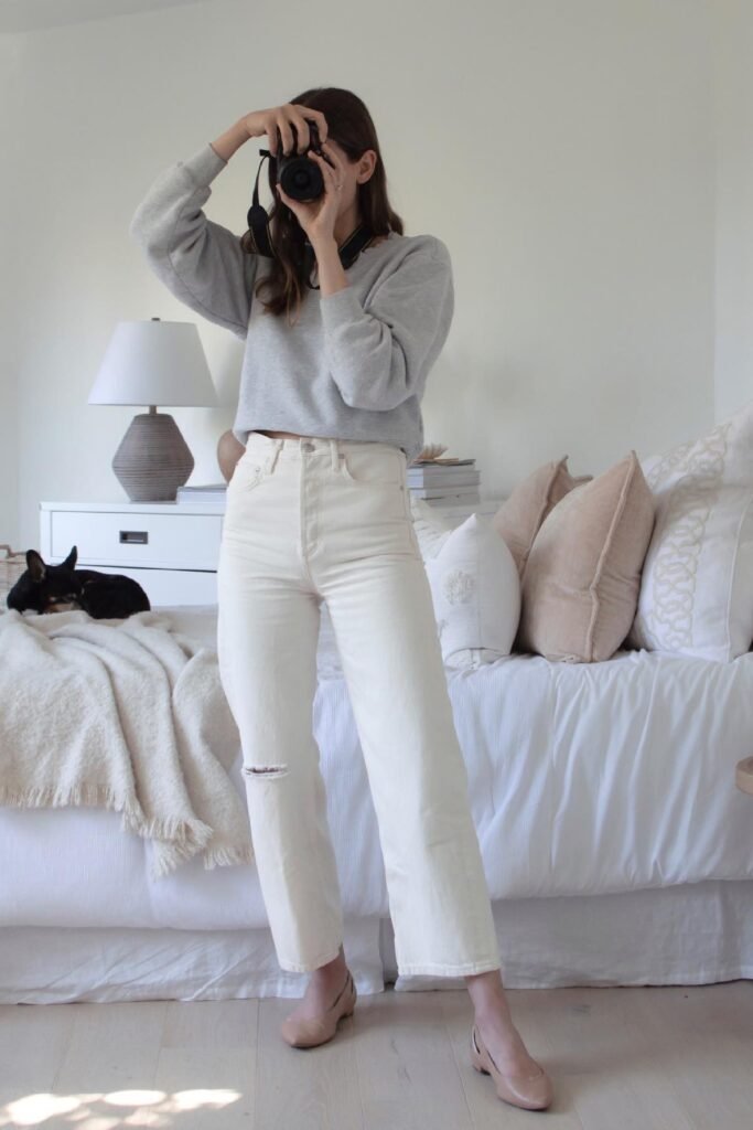 Grey Cropped Sweatshirt + Off-White Distressed Straight-Leg Jeans + Nude Pointed Flats