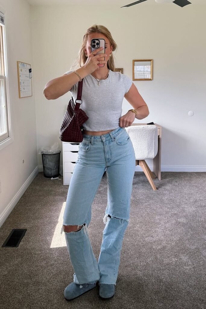 Grey Cropped T-Shirt + Distressed Light Wash Straight-Leg Jeans + Blue Suede Mules