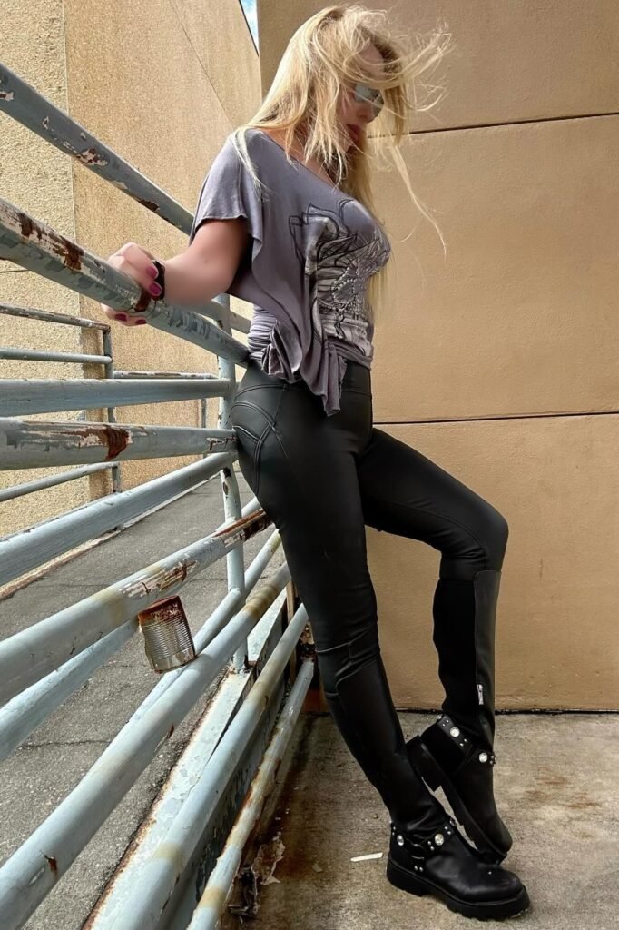 Grey Graphic T-Shirt + Black Faux Leather Leggings + Black Studded Boots