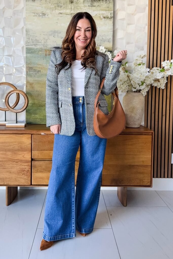 Grey Herringbone Blazer + White Ribbed Top + Wide-Leg Blue Denim Jeans + Brown Suede Boots