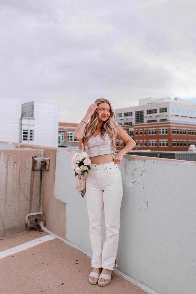 Grey Marled Crop Top + Off-White Straight-Leg Jeans + Off-White Platform Sandals