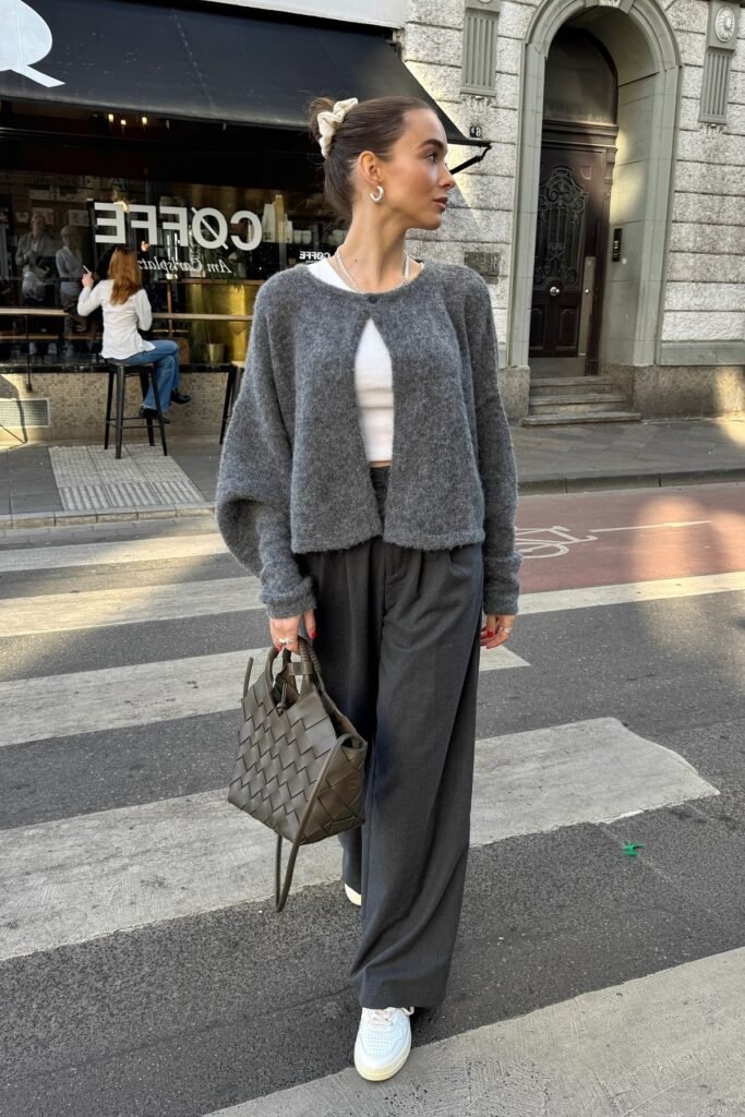 Grey Mohair Cardigan + Charcoal Wide-Leg Trousers + White Crop Top + White Sneakers