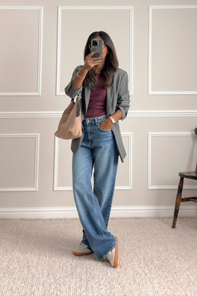 Grey Oversized Blazer + Burgundy Tee + Wide-Leg Jeans + White Sneakers