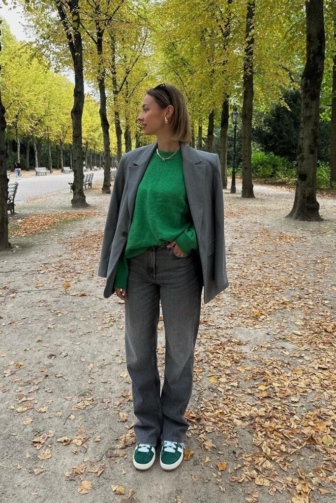 Grey Oversized Blazer + Green Knit Sweater + Dark Grey Wide-Leg Jeans + Green and White Sneakers