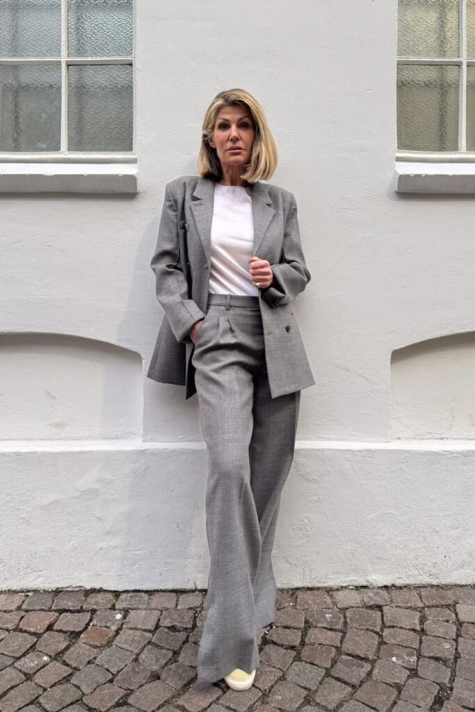 Grey Oversized Pantsuit + White T-Shirt + White Sneakers