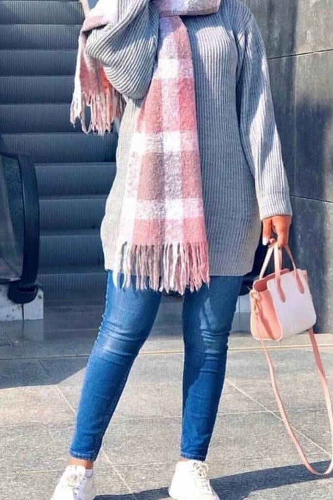 Grey Oversized Ribbed Sweater + Pink Plaid Scarf + Medium Wash Skinny Jeans + White Sneakers