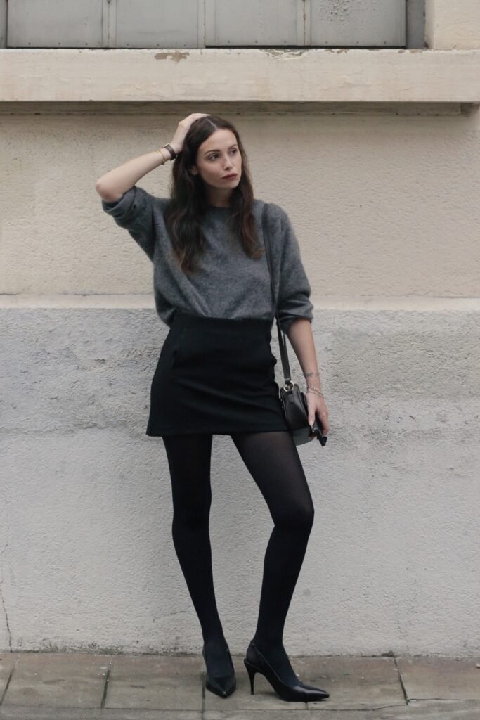 Grey Oversized Sweater + Black Mini Skirt + Black Sheer Tights + Black Pointed Heels
