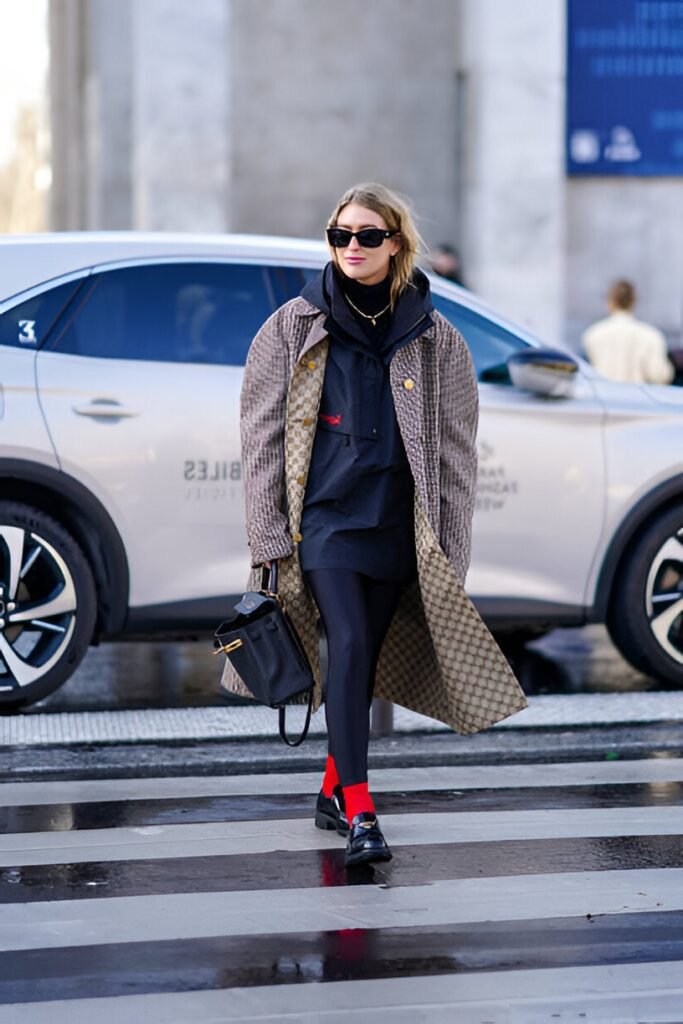 Grey Patterned Overcoat + Black Layered Hoodie + Black Leggings + Black Loafers