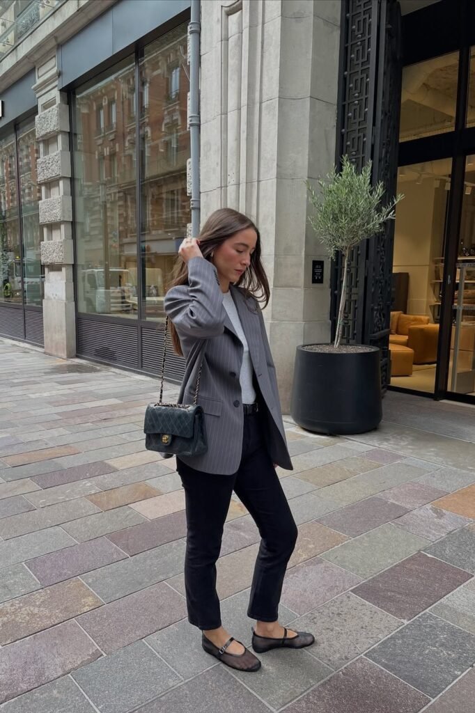 Grey Pinstripe Oversized Blazer + White Tee + Black Slim-Fit Jeans + Black Mesh Mary Jane Flats