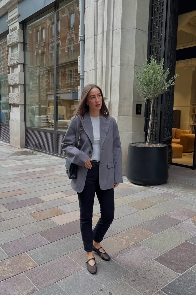 Grey Pinstriped Blazer + Grey Ribbed Top + Black Jeans + Black Mary Janes