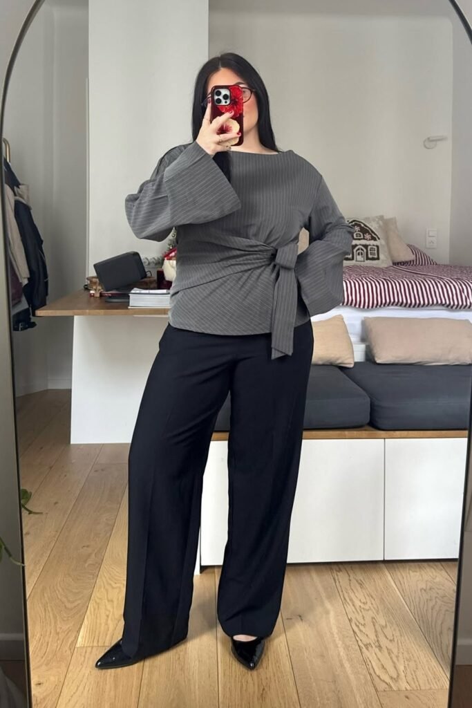 Grey Pinstriped Wrap Top + Black Wide-Leg Trousers + Black Pointed-Toe Flats