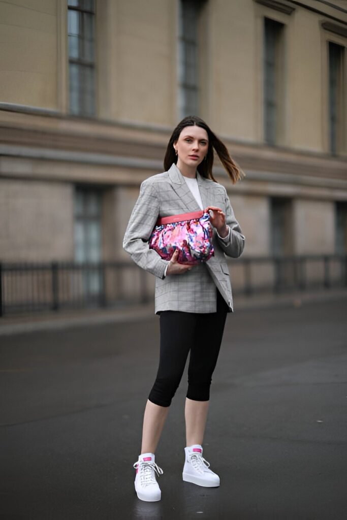 Grey Plaid Blazer + White T-Shirt + Black Capri Leggings + White High-Top Sneakers