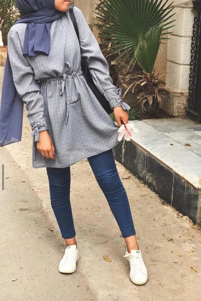 Grey Plaid Cinch-Waist Tunic + Dark Wash Skinny Jeans + White Sneakers