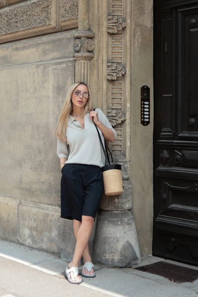 Grey Polo Knit Top + Black Tailored Shorts + White Thong Sandals