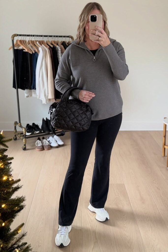 Grey Quarter-Zip Ribbed Pullover + Black Flared Leggings + White Chunky Sneakers