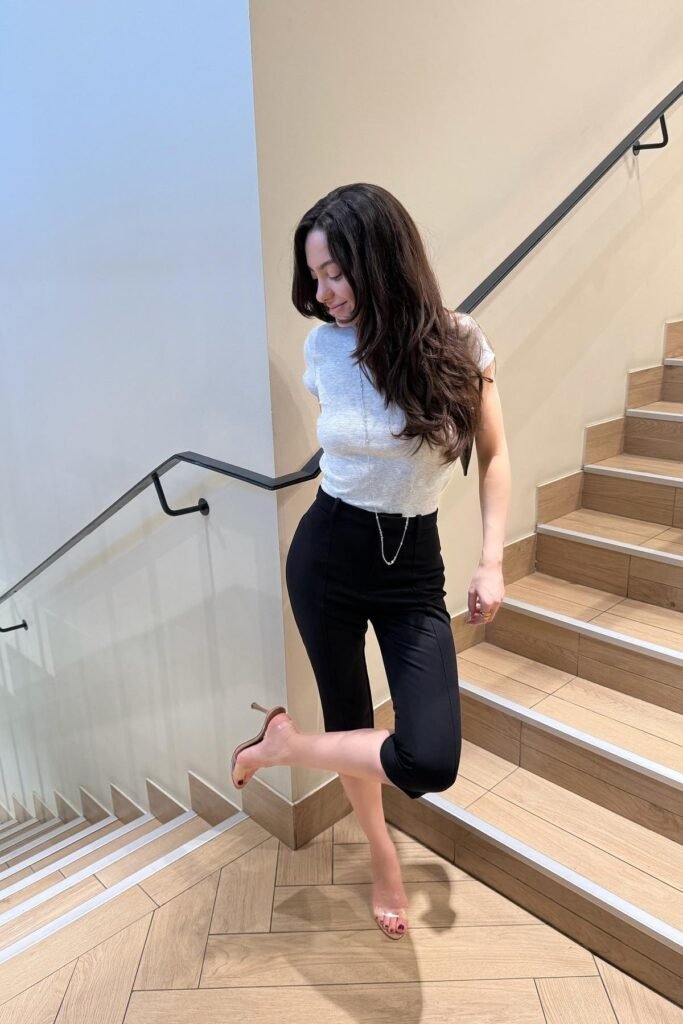 Grey Ribbed Short-Sleeve Top + Black High-Waisted Capri Trousers + Clear Stiletto Mules
